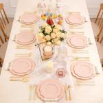 NOCCUR 175PCS Pink Plates with Gold Disposable Silverware - Include 50 Pink Plastic Plates,25 Knives,25 Forks,25 Spoons,25 Cups and 25 Napkins - Ideal for Party/Wedding/Easter Day