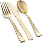 125 Piece Gold Dinnerware Party Set - 50 Gold Rim Plastic Plates, 25 Dinner 25 Dessert Plates, 25 Knives, 25 Forks, 25 Spoons - 25 Guest Disposable Set for Wedding Birthday Parties