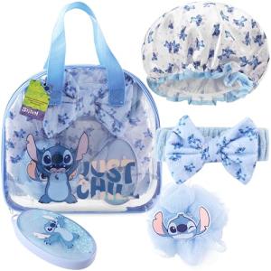 Disney Stitch Shower Accessories Set and Clear Toiletry Bag with Shower Cap Headband Bath Sponge for Bath Spa, Gifts for Girls, Teens, Women (Blue Stitch)