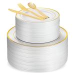 125 Piece Gold Dinnerware Party Set - 50 Gold Rim Plastic Plates, 25 Dinner 25 Dessert Plates, 25 Knives, 25 Forks, 25 Spoons - 25 Guest Disposable Set for Wedding Birthday Parties