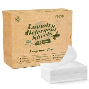 Poesie Laundry Detergent Sheets Fragrance Free Non-Plastic Precut Zero Waste 160 Count Liquidless Washing Strips for Home Dorm Travel Camping Hiking Portable