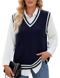 Gihuo Women's V Neck Trendy Sweater Vest Cable Knit Sleeveless Sweater Preppy Style Pullover Sweater Vest (Navy, Small)