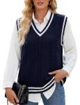 Gihuo Women's V Neck Trendy Sweater Vest Cable Knit Sleeveless Sweater Preppy Style Pullover Sweater Vest (Navy, Small)