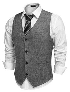 COOFANDY Men's Slim Fit Tweed Suit Vest Formal Business Herringbone Waistcoat Grey Medium