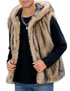 Gihuo Mens Faux Fur Vest Hooed Fur Gilet Sleevless Jacket Winter Warm Hooded Outerwear(Brown-XL)