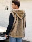 Gihuo Mens Faux Fur Vest Hooed Fur Gilet Sleevless Jacket Winter Warm Hooded Outerwear(Brown-XL)