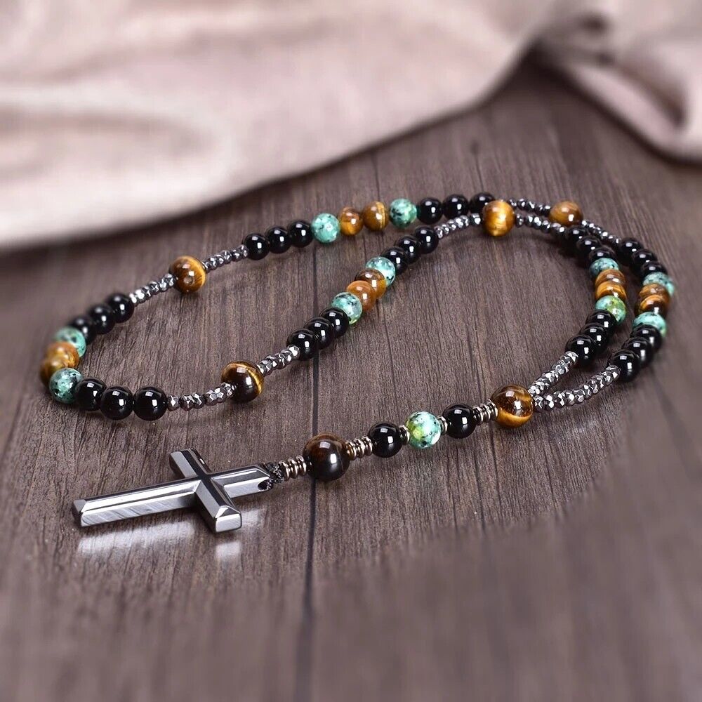 Turquoise Tiger Eye Mala Necklace with Cross Pendant