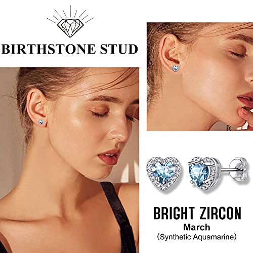 Aquamarine Birthstone Heart Stud Earrings in Silver