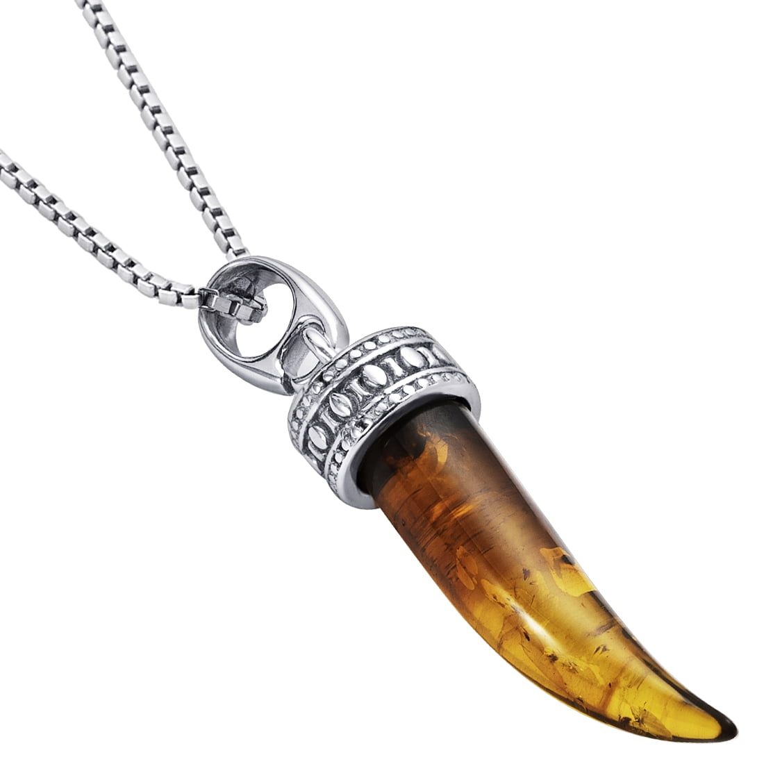 Baltic Amber Horn Pendant Necklace in Silver
