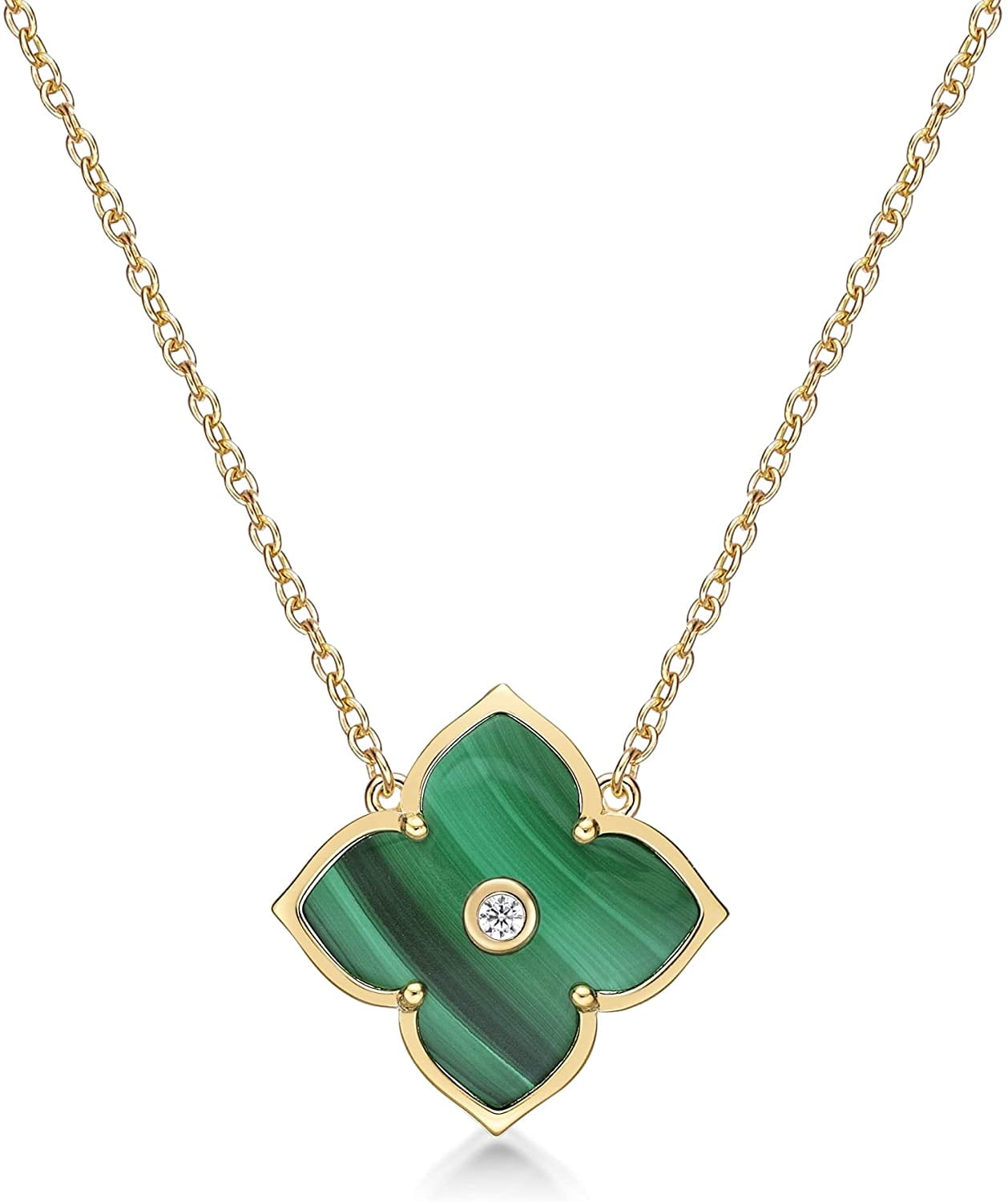 Malachite & Cubic Zirconia Flower Pendant Necklace
