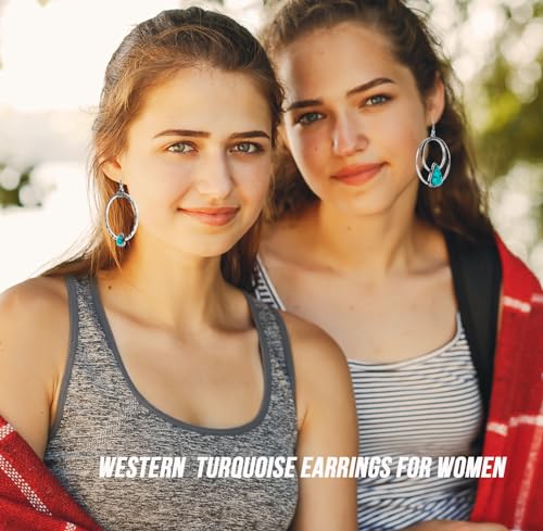 Turquoise Silver Hoop Earrings for Women - Bohemian Style