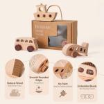 Wooden Cars for Toddlers 1-3, Wooden Vehicles Baby Cars Set with Bus, Airplane and Boat, Montessori Rattle Toys with Rolling Beads, Ideal for Boys and Girls