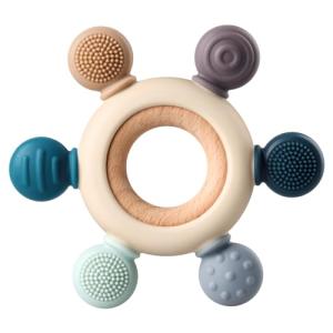 Baby Teething Toys, Silicone Chewable Teethers with Wooden Ring for Soothing Babies Gums, Rudder Chewers Shower Gift for lnfants & Toddlers, 3+ Months (6 Directions, Gray)
