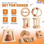 Wooden Baby Toy 8pcs, Montessori Toys for Babies 1-3 Years Old, Wooden Rattles Toy Set for Infant Grasping, Sensory Development, Gift for Baby Boys Girls (Natural Wood)