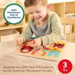 Fisher-Price Wood Montessori Toy Dressing Board, American Montessori Society Seal of Excellence, Early Life Skills Learning Busy Activity for Preschool Kids Ages 3+ Years​ (Amazon Exclusive)