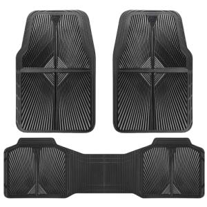CAR PASS Rubber Floor Mats, All Weather Waterproof Trim-to-Fit Automotive Mats for Cars Trucks SUV, Anti-Slip Easy Clean, Heavy Duty Full Set 3-Piece, All Black