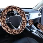 Accmor Fuzzy Car Steering Wheel Cover, Universal Fit Fur Auto Wheel Cover & Handbrake Cover & Gear Shift Cover Set, Leopard Warm Fluffy Vehicle Wheel Protector Car Accessories for Men Women (Brown)