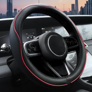Ouzorp Car Steering Wheel Cover, Microfiber Leather Steering Wheel Covers with Anti-Slip Lining, Universal 14.5-15 inchs Black with Red line