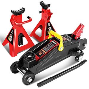 DNA Motoring 2 Ton Car Jack and Stands Kit 2T(4000 lbs) Capacity Low Profile Hydraulic Trolley Service/Floor Jack with 2 Ratchet Stands Combo for Home Garage Shop, Red/Black, TOOLS-00280