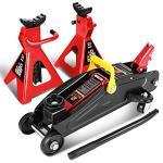 DNA Motoring 2 Ton Car Jack and Stands Kit 2T(4000 lbs) Capacity Low Profile Hydraulic Trolley Service/Floor Jack with 2 Ratchet Stands Combo for Home Garage Shop, Red/Black, TOOLS-00280