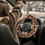 Accmor Fuzzy Car Steering Wheel Cover, Universal Fit Fur Auto Wheel Cover & Handbrake Cover & Gear Shift Cover Set, Leopard Warm Fluffy Vehicle Wheel Protector Car Accessories for Men Women (Brown)