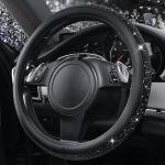CAR PASS Bling Diamond Leather Steering Wheel Cover, With Sparkly Crystal Glitter Rhinestones Universal Fit 14"1/2-15" Car Wheel Protector for Women Girl Fit Suvs,Vans,Sedans,Car,Trucks, Black Diamond