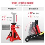 DNA Motoring 2 Ton Car Jack and Stands Kit 2T(4000 lbs) Capacity Low Profile Hydraulic Trolley Service/Floor Jack with 2 Ratchet Stands Combo for Home Garage Shop, Red/Black, TOOLS-00280