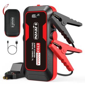 S ZEVZO ET03 Car Jump Starter 4000A Jump Starter Battery Pack for Up to 8.0L Gas and 7.0L Diesel Engines, 74Wh Portable 12V Jump Box with USB Ports, LCD Display, Storage Case, and LED Light