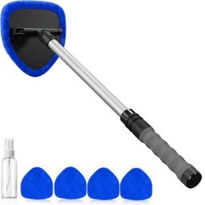 desin Windshield Cleaning Tool, Car Window Cleaner Windshield Cleaner with 4 Reusable and Washable Microfiber Pads and Extendable Handle Auto Inside Glass Wiper Kit