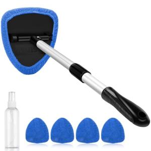 AstroAI Windshield Cleaner Tool, Car Interior Window Detailing Cleaning Kit with Extendable Handle and 4 Easy-to-Install Reusable Microfiber Pads, Auto Glass Wiper Brush Kit for Car&Home, Blue, 21in
