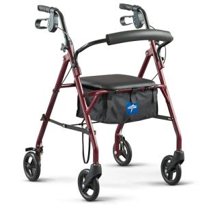 Burgundy Steel Rollator Walker with Seat and Wheels