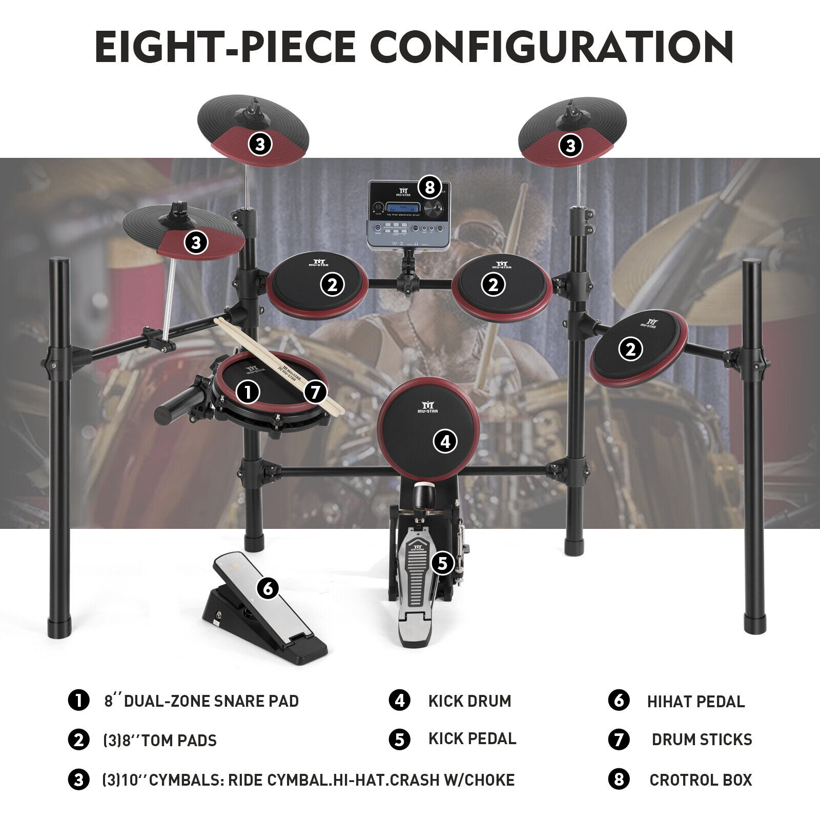 8-Piece Mesh Electric Drum Kit with Sticks
