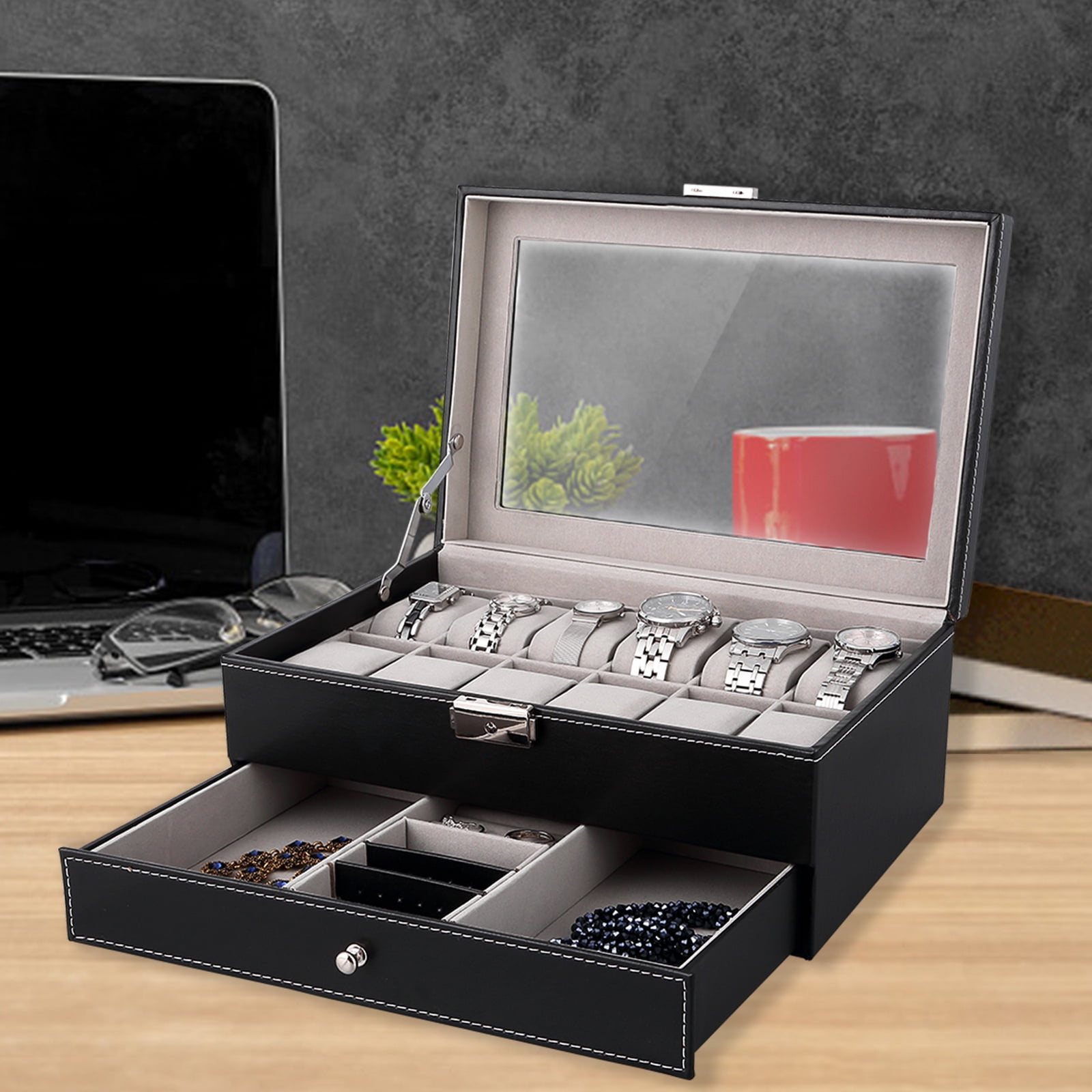 Uten 12-Slot Black Watch Box with Drawer