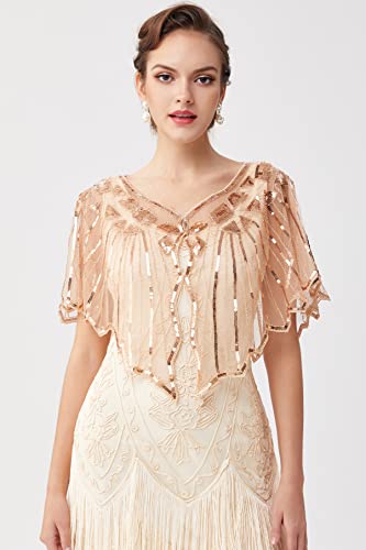 Beige 1920s Beaded Sequin Evening Shawl