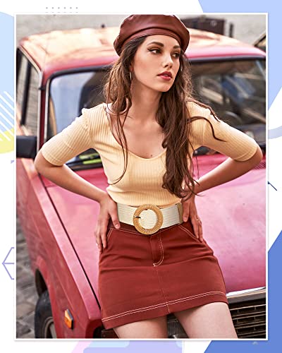 Straw Woven Elastic Waist Belt with Wooden Buckle