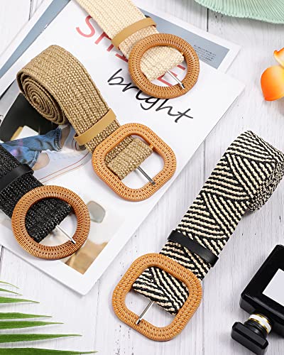 Straw Woven Elastic Waist Belt with Wooden Buckle