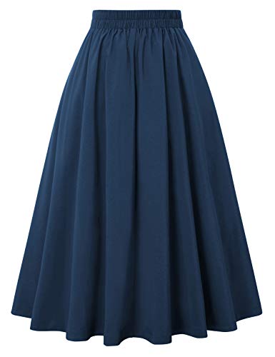 Navy Blue High Waist Plaid Skirt with Pockets