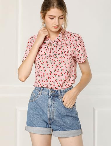 Pink Cherry Bow Tie Neck Chiffon Blouse