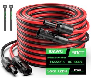30FT 10AWG Solar Panel Extension Cable, Bateria Power 6mm² Solar Extension Cable Wire with Female & Male Waterproof Connectors for RV, Photovoltaic Systems