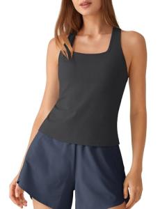 G4Free Workout Tank Tops for Women Built in Bra Ribbed Racerback Fitted Yoga Pilates Tanks Lightweight Athletic Tops (Black,L)