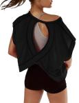 Kumufenc Women Short Sleeve Workout Shirts Open Back Tops Casual Yoga Y2k Athletic Gym Slouchy Crop Running Tees(Black,M)