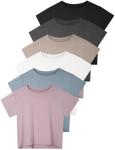 Dalavch 6 Pack Women's Crop Top Short Sleeve Athletic Workout Yoga Running Gym Casual Tees T-Shirts Loose Fit 1 Black 1 White 1 Heather Grey 1 Pink 1 Khaki 1 Blue Medium