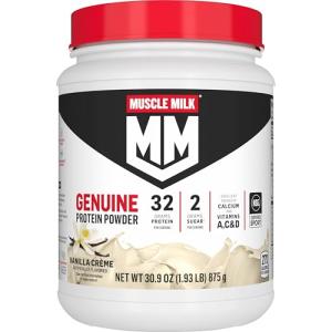 Muscle Milk Genuine Protein Powder, Vanilla Crème, 1.93 Pounds, 12 Servings, 32g Protein, 2g Sugar, Calcium, Vitamins A, C & D, NSF Certified for Sport, Energizing Snack, Packaging May Vary