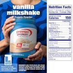 Premier Protein Powder, Vanilla Milkshake, 30g Protein, 1g Sugar, 100% Whey Protein, Keto Friendly, No Soy, Gluten Free, 23.3 oz (17 Servings)