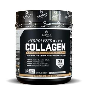 SASCHA FITNESS Hydrolyzed Multi Collagen Peptides Tipes 1,2 & 3 |Hyaluronic Acid|Biotin |Cynatine HSN|Vitamin C & E |for Hairs, Skin & Bone Support|Caramel Macchiato