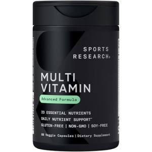 Sports Research® Multivitamin – Advanced Formula - 23 Essential Vitamins & Minerals with CoQ10 & Iodine - Daily Nutrient Support*- Non-GMO Tested & Gluten-Free -60 Veggie Capsules