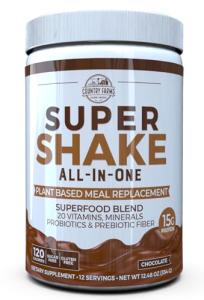 Country Farms All-in-One Super Shake Meal Replacement 15g Plant Protein Dietary Supplement with Superfoods, Vitamins, Probiotics and Prebiotics, 12 Servings, Chocolate, 12.48 Oz