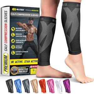 BLITZU Calf Compression Sleeves for Men and Women. Footless Compression Socks Support for Varicose Vein, Nursing, Running. Leg Sleeve Brace for Shin Splints, Pain Relief & Reduces Swelling Black L-XL