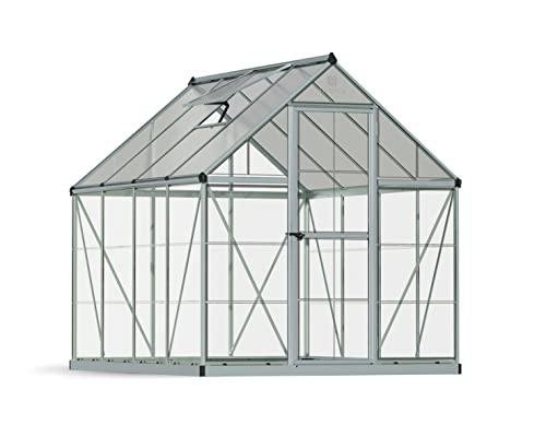 Palram - Canopia 6x8 Greenhouse for Outdoors, Walk-In, UV Polycarbonate Panels, Heavy Duty Aluminum Frame, Lockable Door, Adjustable Roof Vent, Rain Gutters, Galvanized Steel Base, Hybrid (Silver)