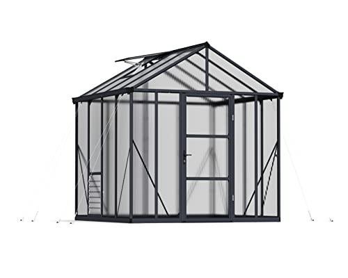 Palram - Canopia Glory 8 Ft. x 8 Ft. Greenhouse Kit with 4 Heavy Duty ShelvesHobby DIY Walk In Green House Heavy Duty Polycarbonate with Aluminium Frame, with Lockable Door and Vent for Garden (Gray)